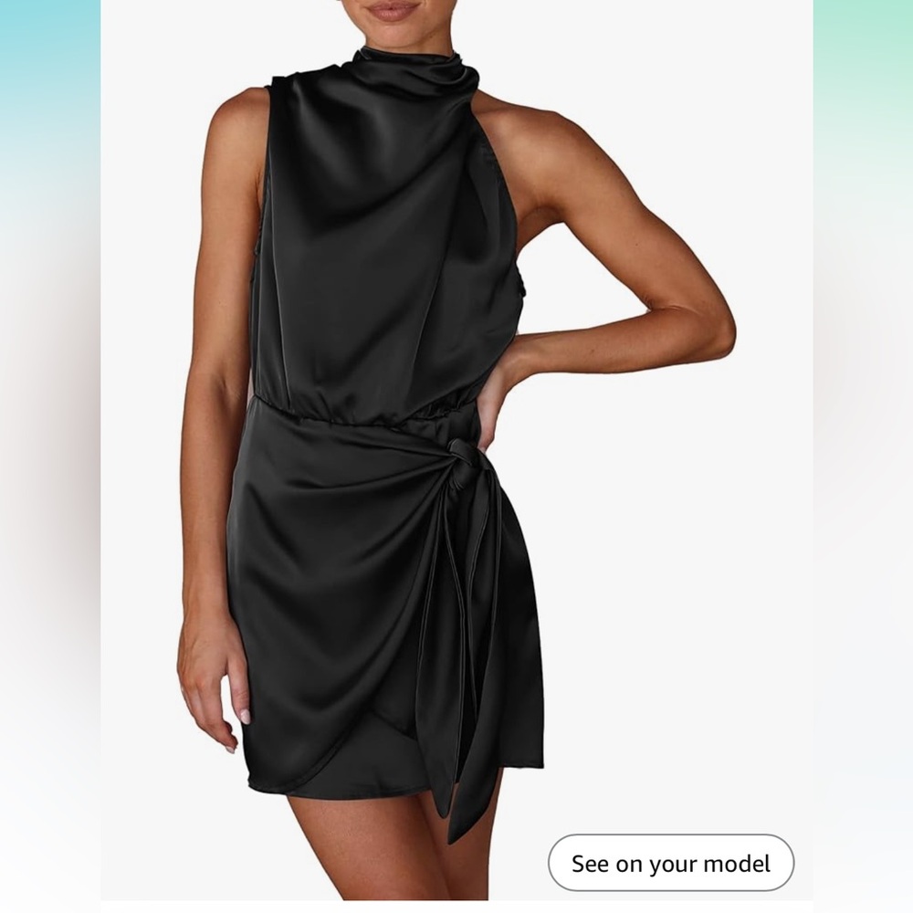 Satin Mock Neck Tie Waist Dress